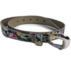 Sparkly Floral Belt Silver Buckle Retro Vibes Boho Feminine Whimsical Sz 34/S-M